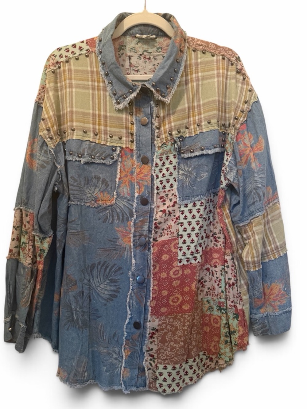 POL Patchwork Light Blue Denim Jacket with Floral & Plaid Accents - Picture 7 of 14